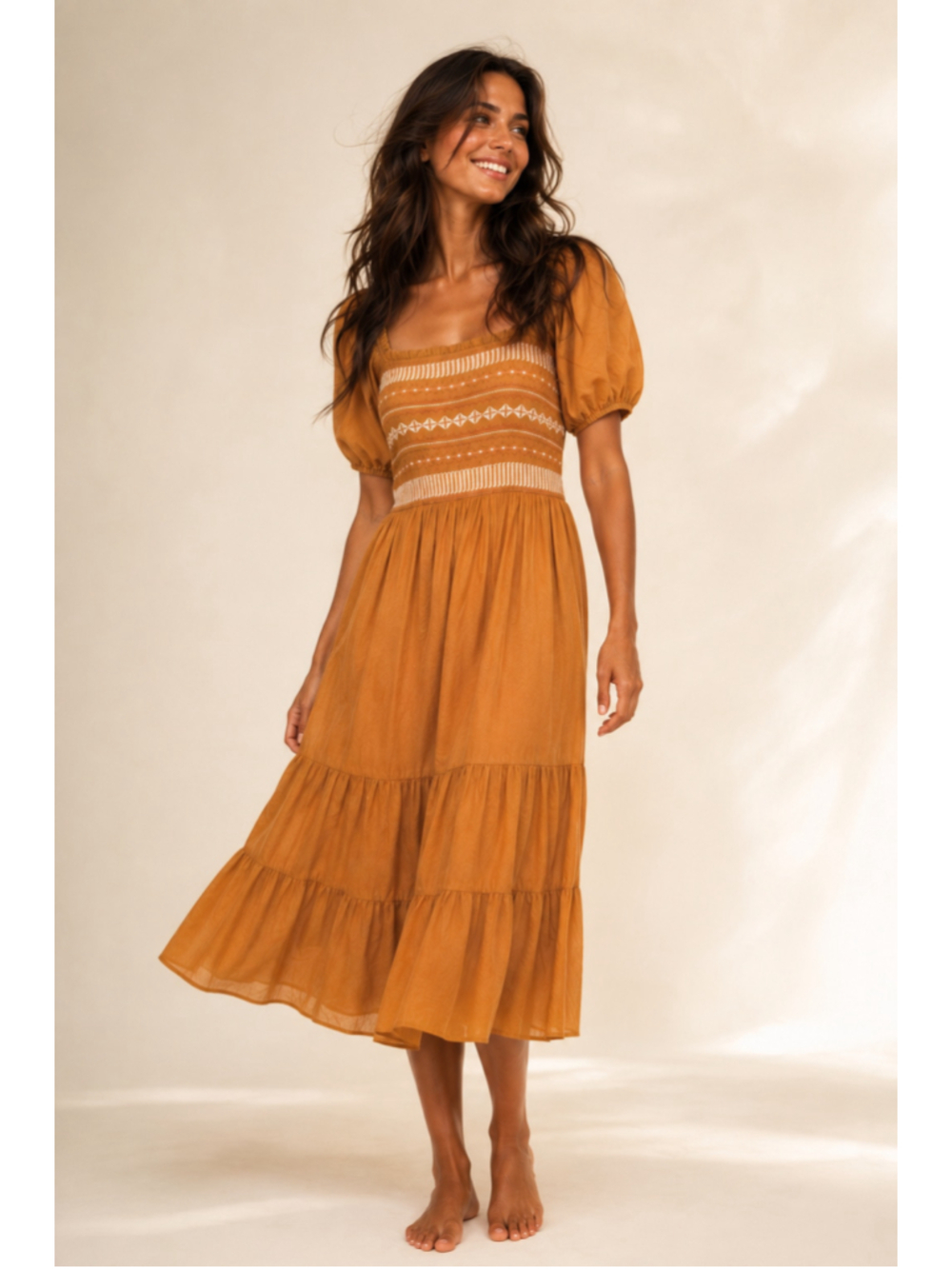 Baltic Born Mustard Embroidered Puff Sleeve Tiered Boho Maxi Dress Cottagecore L
